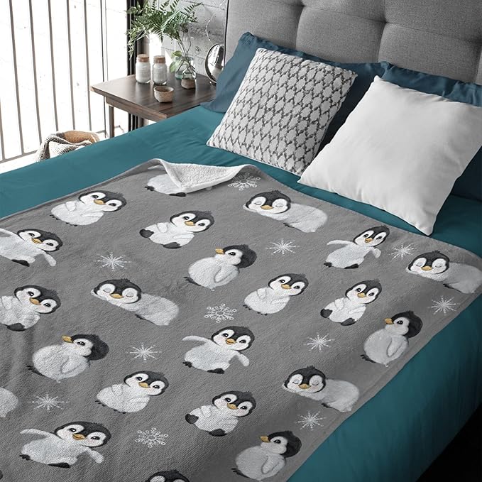 Thuswarm Cute Penguin Grey Flannel Throw Blanket Gifts Warm Cozy Soft Funny Print Blankets for Summer Room Decoration Bed Couch Sofa 120”×90” Extra Large for Family