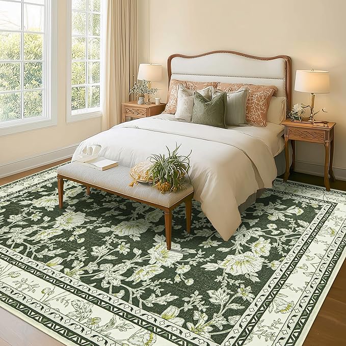 Olive Green Floral Print Area Rugs for Bedroom Living Room Boho Farmhouse Country Rustic Dining Room Carpet Soft Washable Rugs Non Slip Floor Covering for Nursery Playroom 5x7