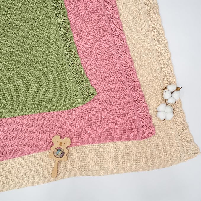 Baby Knit Blanket, 100% Cotton Waffle Patterns, Soft, Cozy, Lightweight Swaddle for Newborn & Infant Swaddling Beige Neutral, Perfect Baby Shower Ideas Green 30x40