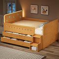 Full Size Platform Bed with Guardrail and 4 Drawers, Wooden Kids Platform Bed Frame with Two-Step Staircases and Light Strip for Boys Girls, Sturdy Slats Support (Wood-11A)