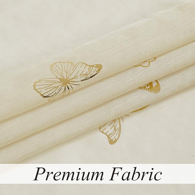 Jubilantex Butterfly Sheer Curtain Panels for Girls Nursery Bedroom, Toddler Gold Print Linen Textured Voile Farmhouse Rod Pocket Window Drapes 95 Inch for Kids Room, 2 Panels, Ivory/Beige