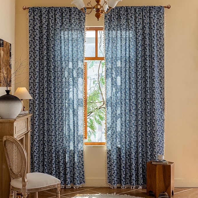 ENJOYBRIDAL White Floral Curtains 63 Inch Long Semi Sheer Navy Blue Drapes Short Decor Farmhouse Bedroom Window Curtains 2 Panel Sets Boho Tassel Rod Pocket Living Room Aesthetic Window Treatments