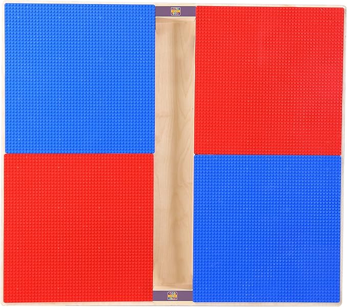Time-2-Play Montessori Toddler's 35" W Square Birch Plywood Red and Blue Compatible with Duplo Blocks Table with 16" Long Legs, Solid Wood Desk for Playroom/Daycare/Preschool