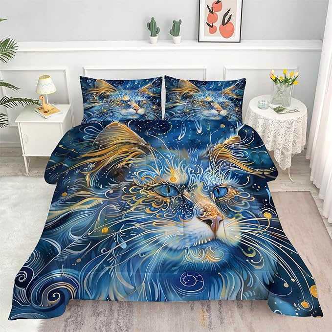 Cat Comforter Set King: Blue Cat Print Bedding Sets Mystic Ethnic Kitten Quilts for Women Men Adults Mandala Boho Exotic Feline Bed Set 1 Comforter & 2 Pillowcases