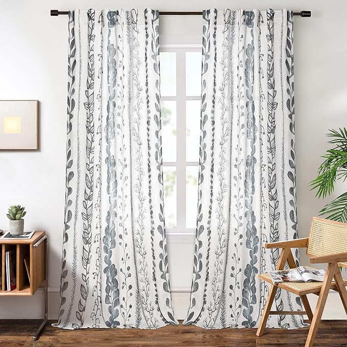 MEETSKY Cotton Curtains 95 Inches Length for Living Room Boho Light Filtering Window Leaf Print Classical Drapes Back Tab Bohemian Decorative Burlap Effect Drapes for Bedroom, 50x95 Inch, 2 Panels