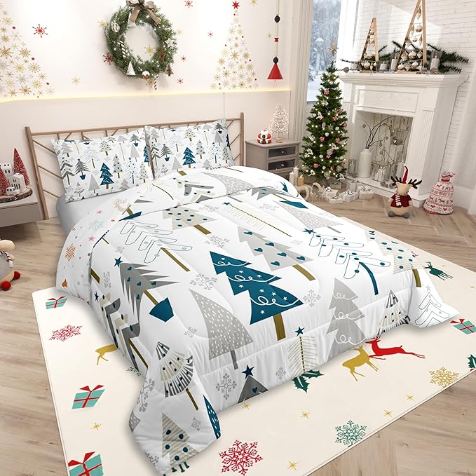 Xmas Trees Full Size Comforter Set,Merry Christmas Pine Hand Drawn Bedding Comforters Bedroom Collection,Blue Plant Snowflakes Winter Bedding Set for Girls Teens