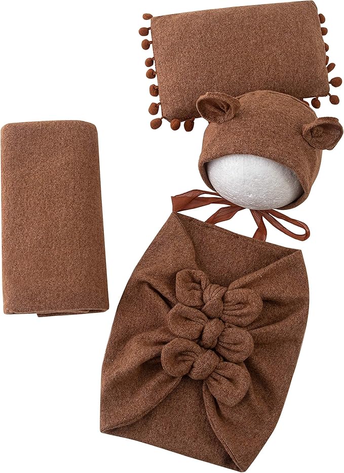 Vemonllas Newborn Baby Boy Girl Photography Props Bow Wrap, Posing Aid, Hat and Blanket Set of 4 Pcs