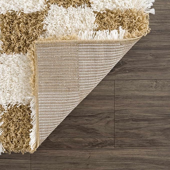 Hauteloom Atira Contemporary Checkered Fluffy Shag Area Rug - Modern Geometric Carpet Tiles for Living Room, Kids Room, Nursery - Plush Pile - Yellow, Cream, White - 7'10" x 10'3"