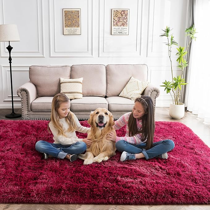 2x3 Rug - Non-Slip for Living Room - Height Pile 1.4" Plush Rug - Fluffy Throw Rugs Carpet for Bedroom - Burgundy