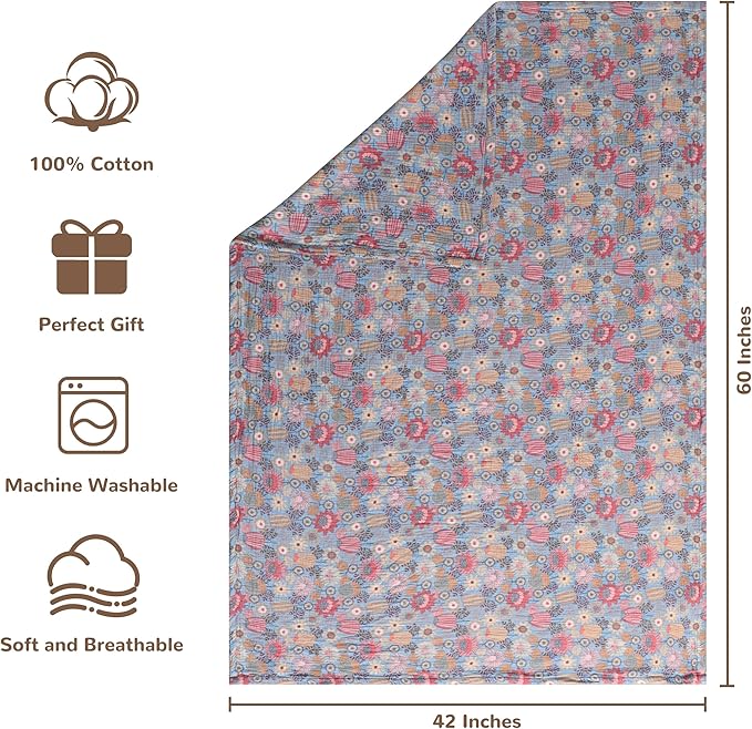 NTBAY 2 Layer Muslin Cotton Baby Swaddle Blanket, 42x60 Soft and Breathable Receiving for Newborns and Infants, Perfect for Crib, Stroller, Travel, Lightweight Nursery Blanket, Boho Flower