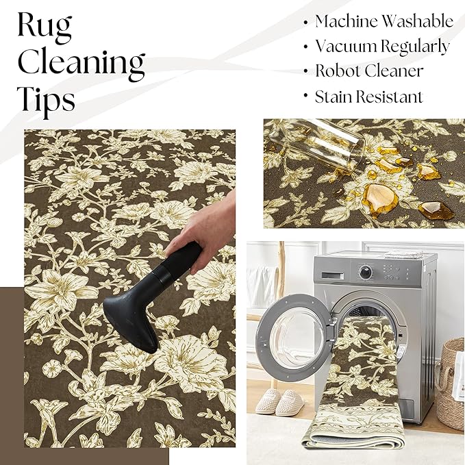 Brown Floral Print Area Rugs for Bedroom Living Room Boho Farmhouse Country Rustic Dining Room Carpet Soft Washable Rugs Non Slip Floor Covering for Nursery Playroom 5x7