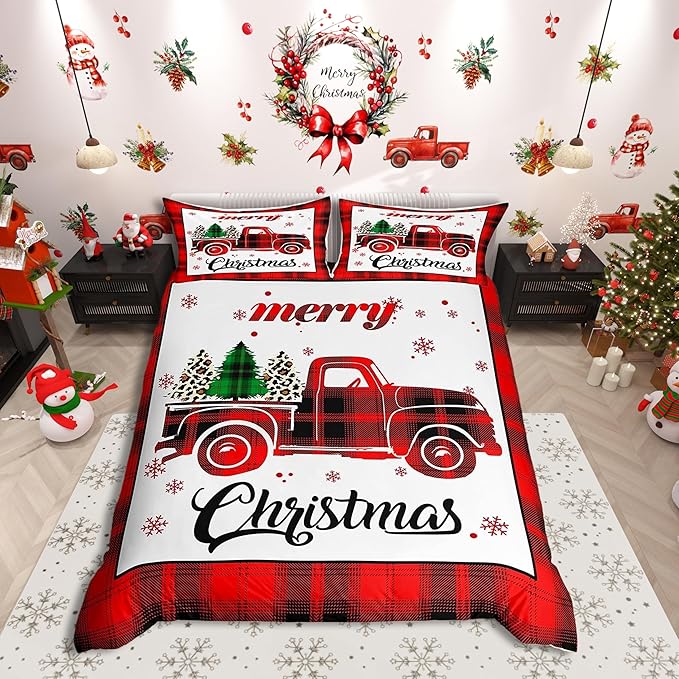 Xmas Truck Duvet Cover Set King Size, Christmas Tree Snowflake Print Bedding Set 3pcs for Kids Boys Girls Bedroom Decor, New Year Theme Red Plaid Print Comforter Cover with 2 Pillowcases,No Comforter