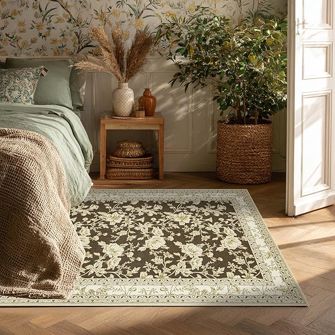 Brown Floral Print Area Rugs for Bedroom Living Room Boho Farmhouse Country Rustic Dining Room Carpet Soft Washable Rugs Non Slip Floor Covering for Nursery Playroom 3x5
