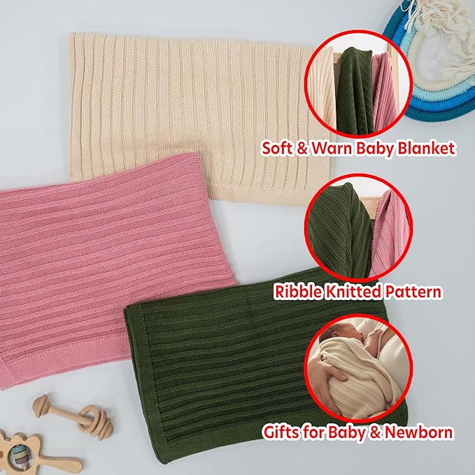 Baby Knit Blanket, 100% Cotton Ribble Patterns, Soft, Cozy, Lightweight Swaddle for Newborn & Infant Swaddling Beige Neutral, Perfect Baby Shower Ideas Beige 30x40