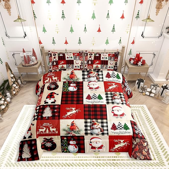 Christmas Comforter Set Full Size,Red Plaid Holiday Design Bedding Set 3pcs,Snowman Santa Claus New Year Patchwork Down Comforter for All Season, Kids Boys Girls Room Decor,2 Pillowcases,No Sheets