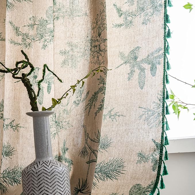 Bohemian Curtains with Tassel Green Semi-Blackout Drapes 63 Inch Length Cotton Linen Farmhouse Window Curtain Panels Floral Pattern Rod Pocket Room Darkening Curtain for Living Room Bedroom, 2 Panel
