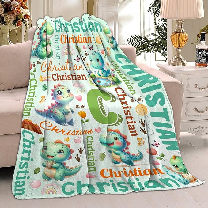 Personalized Custom Green Dinosaur Blanket Gifts for Kids Boys Girls with Name - Customized Green Dinosaur Super Soft Lightweight Flannel Sheets Decor for Crib Nap Couch - 50"x60" for Teens