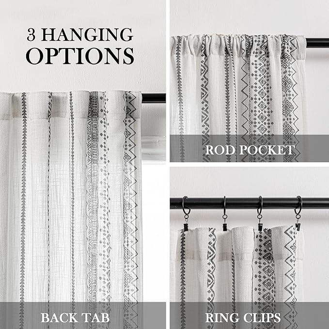 MEETSKY Curtains 63 Inches Long for Living Room Geometric Light Filtering Cotton Back Tab Curtains 2 Panels Printed Semi-Sheer Window Drapes Home Decorative Rod Pocket Drapes for Bedroom