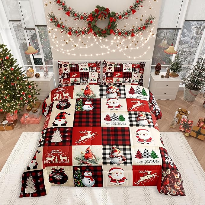 Christmas Comforter Set Full Size,Red Plaid Holiday Design Bedding Set 3pcs,Snowman Santa Claus New Year Patchwork Down Comforter for All Season, Kids Boys Girls Room Decor,2 Pillowcases,No Sheets