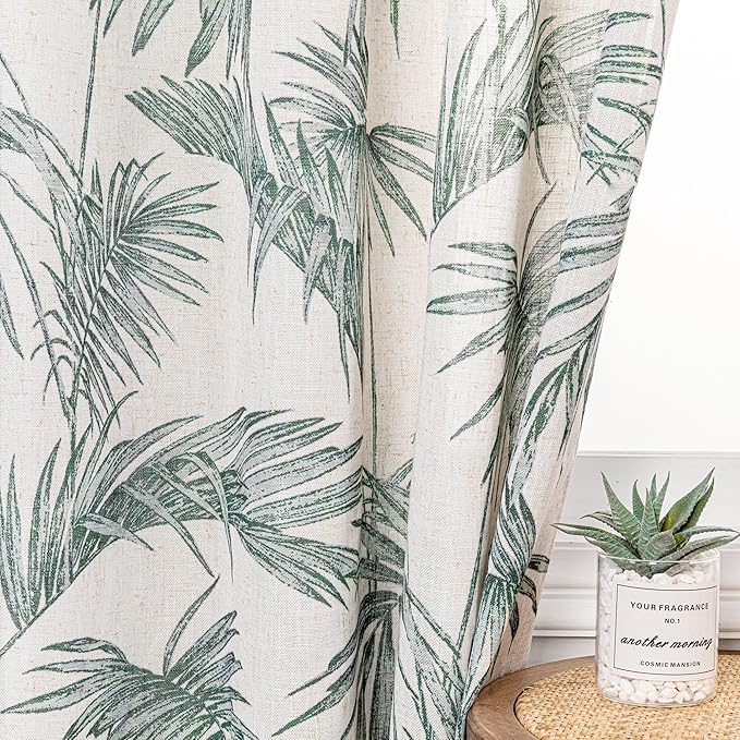 MYSKY HOME Linen Curtains for Living Room 84 inch Length 2 Panels Set Decor Semi Sheer Curtains Green Tropical Palm Leaves Plant Pattern Window Drapes for Bedroom Dining Room Patio, Green, 2 Pcs
