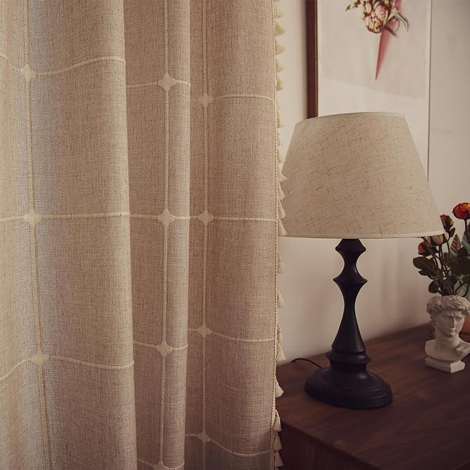 Deeprove Boho Curtains 108 Inches Length Bohemian Lattice Gingham Chic Burlap Embroidery Plaids, Vintage Tassels Home Decor Drapes Light Filtering Rod Pocket, 1 Panel W52 x L108, Natural Linen