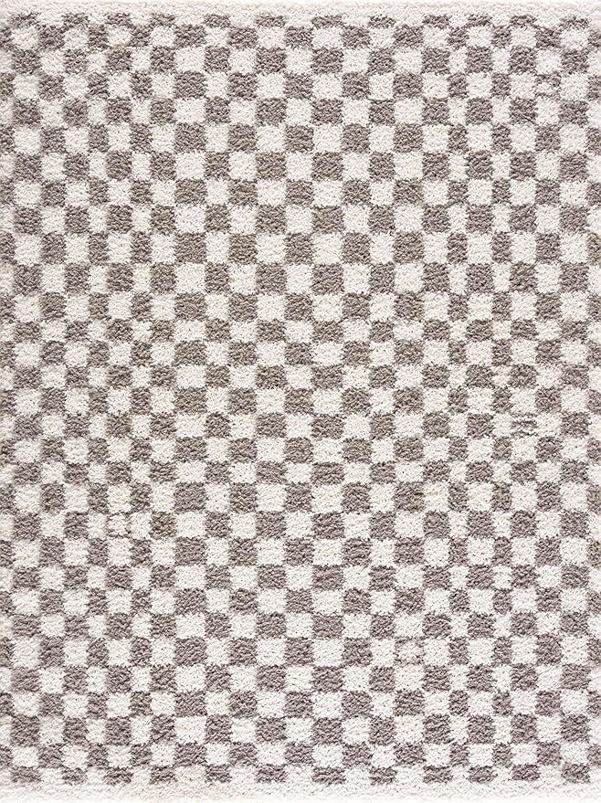 Hauteloom Kieu Contemporary Checkered Fluffy Shag Area Rug - Modern Geometric Soft Carpet Tiles for Living Room, Kids Room, Nursery - Light Gray, Taupe, Gray - 18" Sample