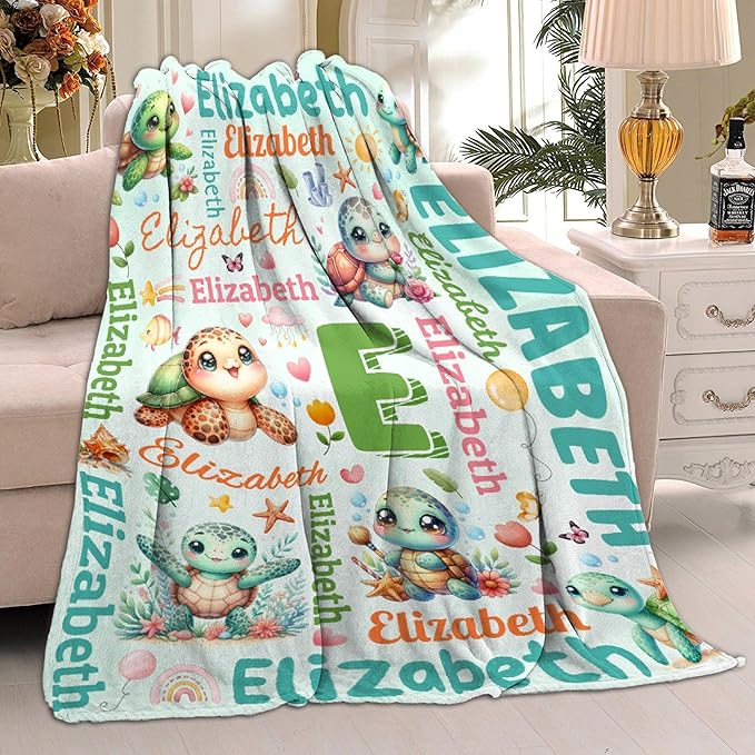 Personalized Custom Cute Turtle Blanket Gifts for Kids Boys Girls with Name - Customized Cute Turtle Super Soft Lightweight Flannel Sheets Decor for Crib Nap Couch - 60"x80" for Adult