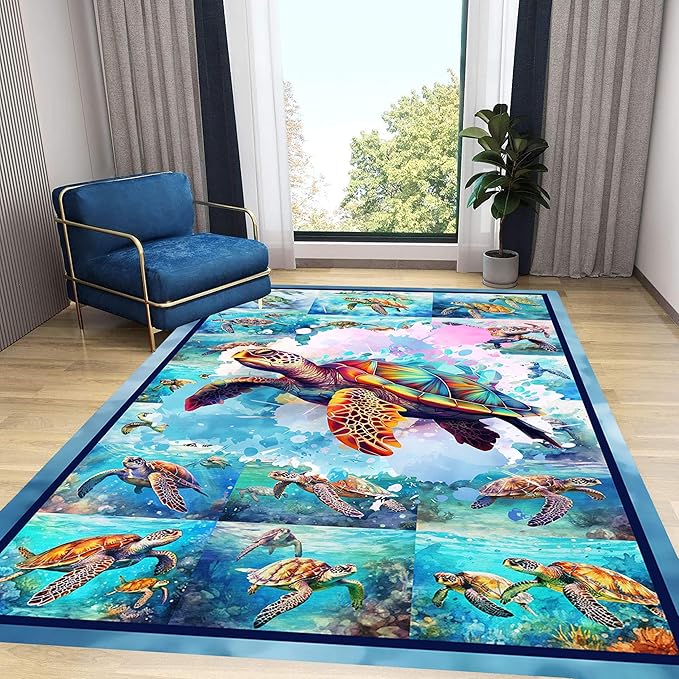 Turtle Area Carpet, 3x4ft, Colorful Ocean Themed Sea Turtle Floor Rugs, Blue Underwater Painting Rugs for Home Decoration, Fade Resistant Soft Foldable Mats for Dorm Family Entrance