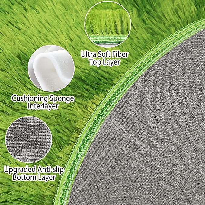 5 ft Fluffy Green Grass Area Rugs for Bedroom,Tie Dyed Plush Circle Rug Shag Round Carpet Fuzzy for Living Room Baby's Toddler's Boys Girls Room Kids Playroom Nursery Decor Aesthetic