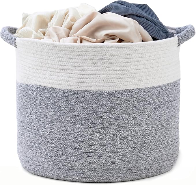 Blanket Basket - Woven Round Rope Storage Basket (16"Wx14"H) for Blankets & Throws, Small Laundry & Toy Organizer, Decorative Living Room & Bedroom Cotton Basket - White & Gray