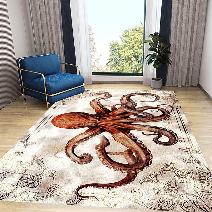 Octopus Area Rugs, 5x7ft, Vintage Ocean Octopus Print Indoor Throw Rug, Fade Resistant Durable No Crease Carpet, Rubber Backed Anti-Slip Printed Carpets for Bedside Dining Table