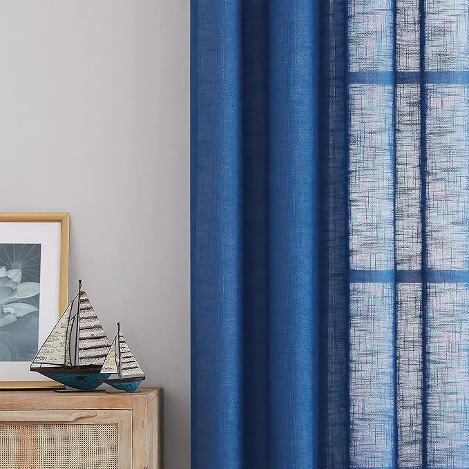FMFUNCTEX Linen Semi Sheer Curtains for Bedroom, Navy Blue Curtains 96 Inches Long for Living Room, Country Farmhouse Sheer Drapes, Light Filtering Window Curtain, Grommet Top 2 Panels