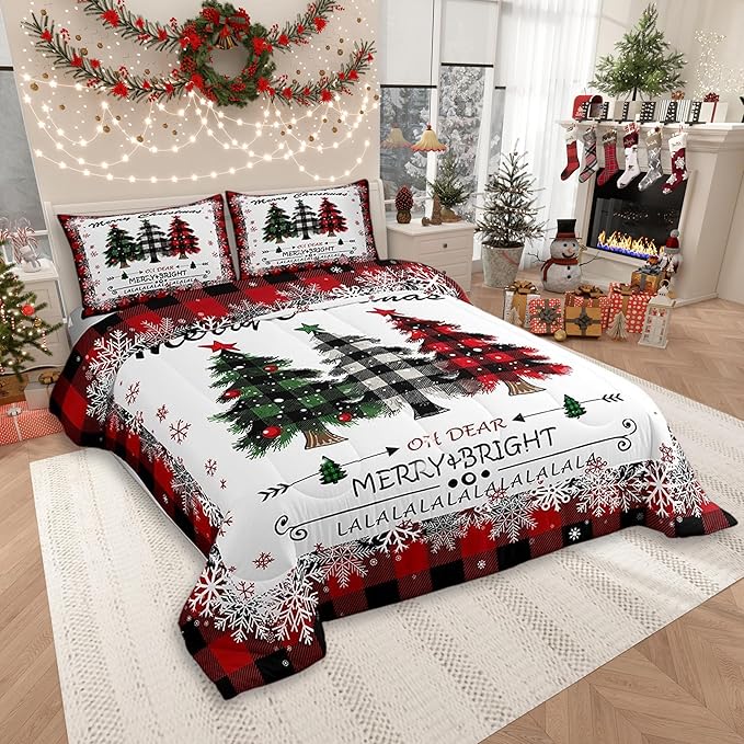Christmas Comforter Set Twin Size, Red Plaid Xmas Trees Bedding Set 2pcs , Winter Snowflake New Year Reversible Down Comforter for All Season, Kids Boys Girls Room Decor, 1 Pillowcase, No Sheets
