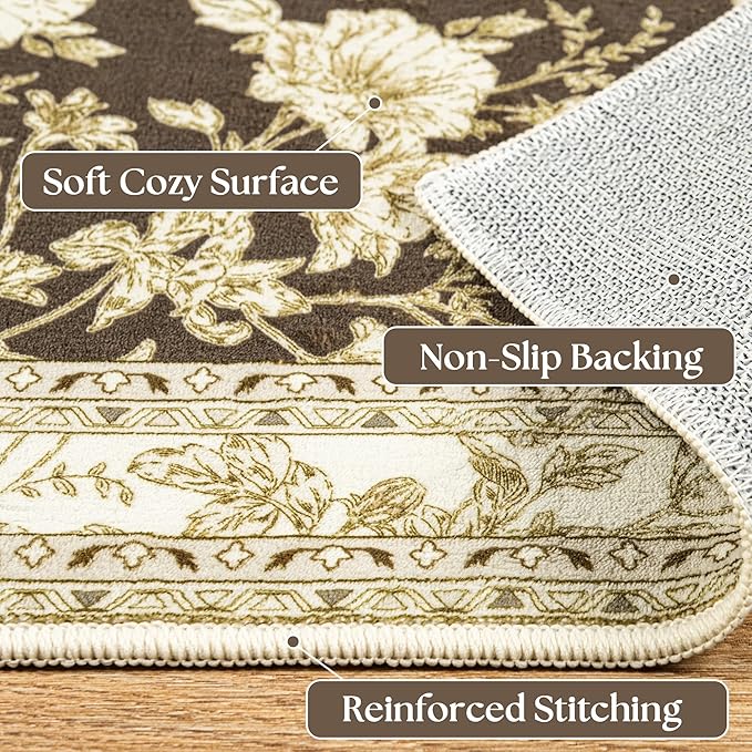 Brown Floral Runner Rug 2x6 for Hallways, Non-Slip Washable Kitchen Runner, Vintage Boho Farmhouse Print Printed Rug Floor Carpet for Bathroom Laundry Bedroom Entryway