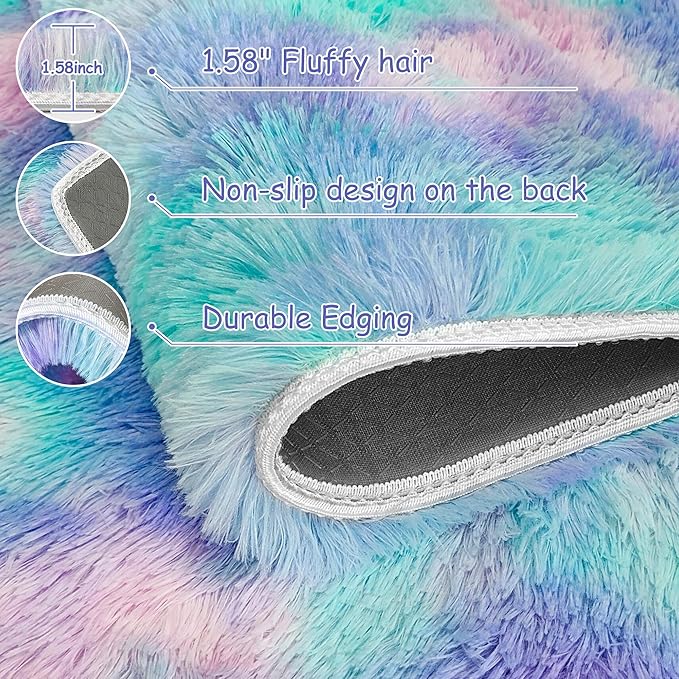 Shaggy Tie Dyed Light Purple Rainbow Rug Small,2x3 Area Rugs for Living Room Door Entryway Indoor Inside Front Entrance Dog Mat Anti-Skid Extra Comfy Fluffy Floor Carpet for Home Decorative