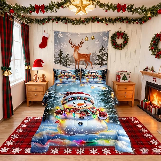 Lovely Snowman Comforter Set King Size,Xmas Colorful Lanterns Snowflake Kids Bedding Set,Winter Merry Christmas Quilt Comforter,Rainbow Duvet Insert,2 Pillowcases