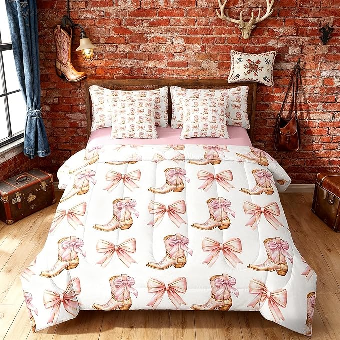 7 Pieces Western Cowgirl Comforter Set Queen,Pink Bowknot Cowgirl Boots Rustic Farmhouse Bedding Set,Bow Tie Geometric Patchwork Golden（Comforter+Fitted+Flat Sheet+2 Pillowcases+2 Throw Pillow Covers）