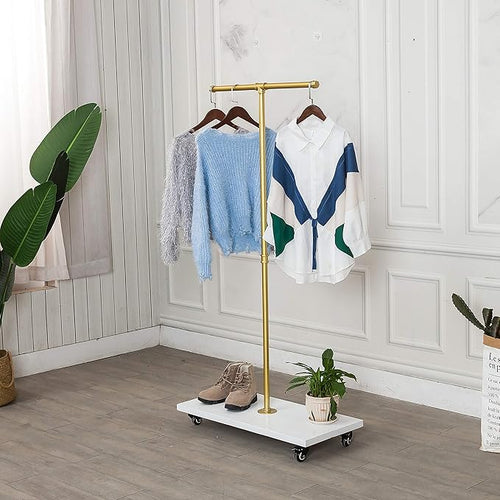 59"Tall,Gold, Industrial Pipe Coat Rack Stand,Rolling garment Rack for Hanging Clothes Retail Display,Free Standing Coat Rack,Hallway/Entryway Coat Hanger Stand for Clothes, Suits, Accessories
