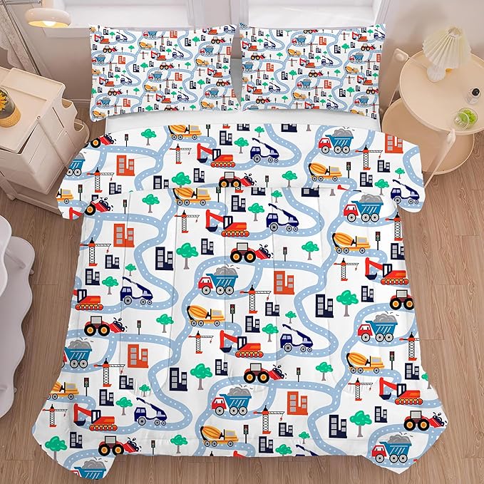 Cartoon Truck Comforter Set Twin: Construction Bedding Set for Boys Kids Children Bedroom Dorm White Cute Cars Quilt 1 Comforter + 1 Pillow Case