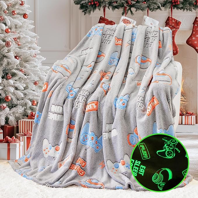 inhand Glow in The Dark Blanket Gaming Gifts for Boys Controller Kids Throw Gamer Blanket Gamer Toys for Kids Boys Presents Birthday Easter Halloween Grey 30"x40"