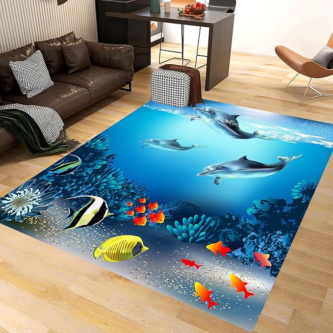 Sea Dolphin Indoor Area Mat, 3x4ft, Ocean Beach Coral Fish Bathroom Rug, Blue Ocean Theme Reduce Noise Home Decor Mat, Nursery Decor Washable Nonskid Carpet for Office Floor Sofa