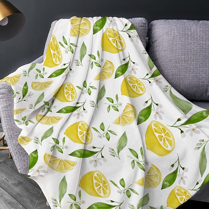 Thuswarm Watercolor Lemon Fruit Print Flannel Throw Blanket Warm Cozy Soft Funny Print Blankets for Bed Couch Sofa Room Decoration Gifts 60”×50” Medium for Teen