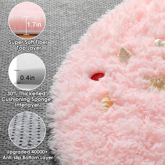 ONASAR Light Pink Round Area Rugs 2ft for Bedroom Living Room, Fluffy Cat Dog Bed Mat, Washable Circle Rug for Kids Girls Boys Teen, Soft Plush Shaggy Carpet for Nursery Dorm Home Decor Aesthetic