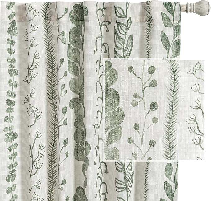 MEETSKY Sage Green Curtains 90 Inches Long 2 Panels Boho Curtains for Living Room Light Filtering Patterned Drapes for Bedroom Linen Style Back Tab Leaf Print Window Treatment, 50” Wide Each Panel