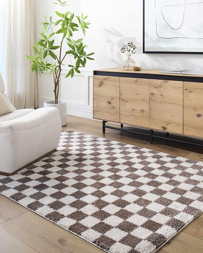 Hauteloom Canika Modern Checkered High Pile Area Rug - Contemporary Geometric Carpet for Living Room, Bedroom - Machine Washable Area Rug - Peach, Dark Brown - 6'7" x 9'