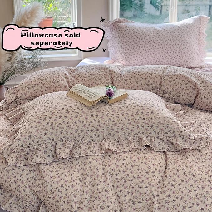 BuLuTu Vintage Purple Floral Duvet Cover Queen, Muslin Cotton Comforter Cover, Soft Lightweight Farmhouse Bedding Ruffles Quilt Covers 90"x90", Zipper & Corner Ties, No Pillow