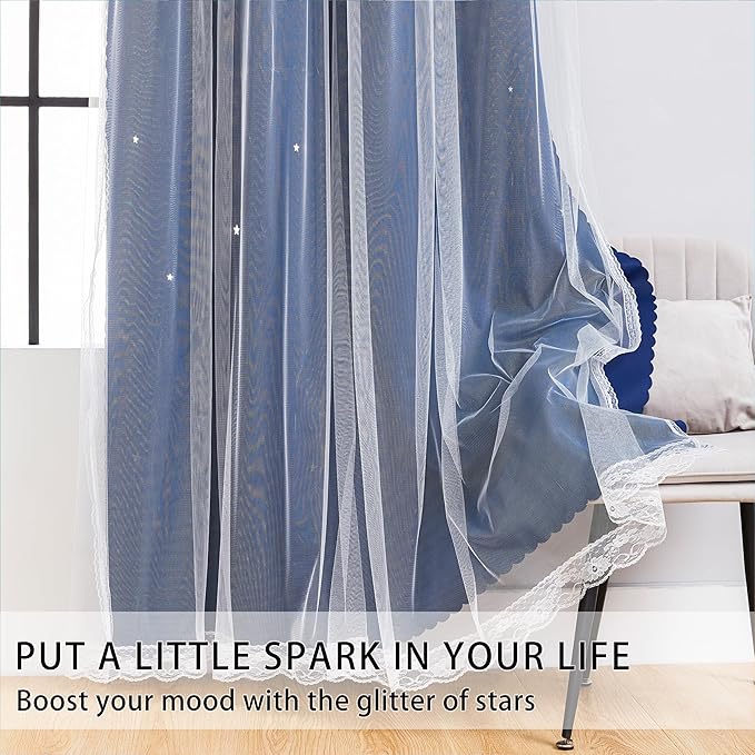 XiDi Blackout Curtains for Bedroom & Living Room - Double Layer, 84 Inch Long Navy Blue Unicorn Curtains for Kids & Girls Room