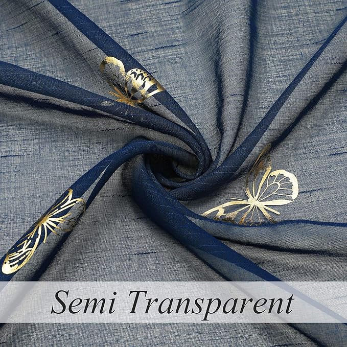 Jubilantex Butterfly Sheer Curtains Navy Blue Drapery with Gold Print Pattern 95 Inch Long, Kids Nursery Bedroom Voile Linen Textured Curtain Rod Pocket Window Drapes, 2 Panels