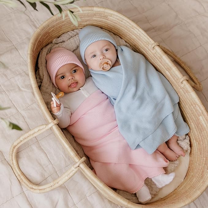 Luxe Collection 100% Organic Luxury Knit Baby Blanket + Hat Gift Set (Sky Blue)