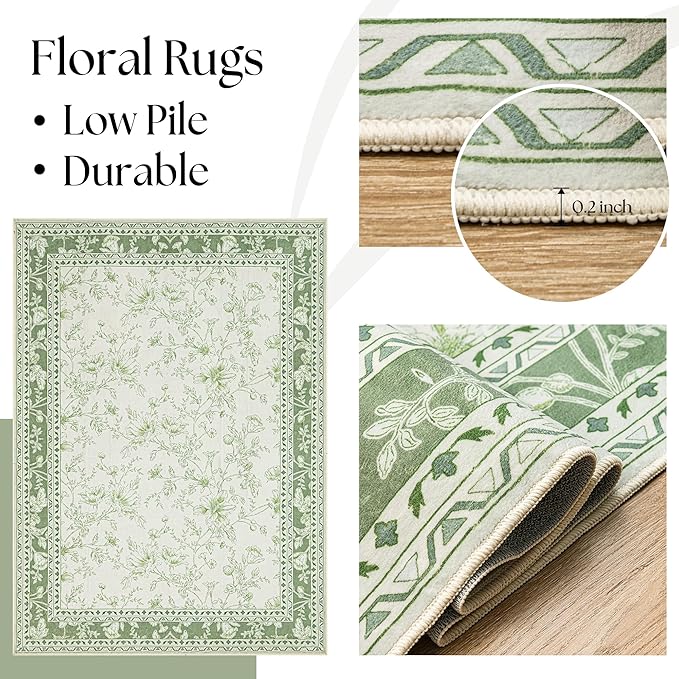 Green Boho 9x12 Rug Living Room Extra Large Washable Non Slip Soft Faux Wool Farmhouse Carpet for Bedroom Dining Room Playroom Cream Beige and Green Peony Lily Aesthetic Pattern Floral Area Rug
